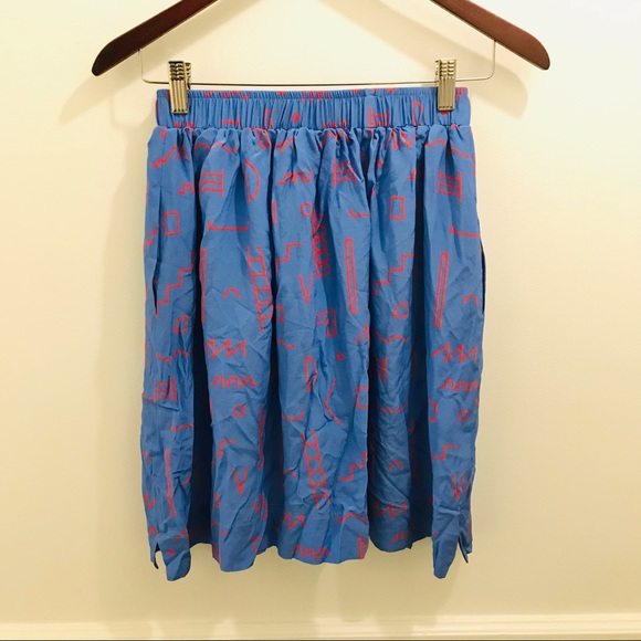 Dusen Dusen Silk Geometric Skirt XS blue red elastic waist full a line - Picture 2 of 10